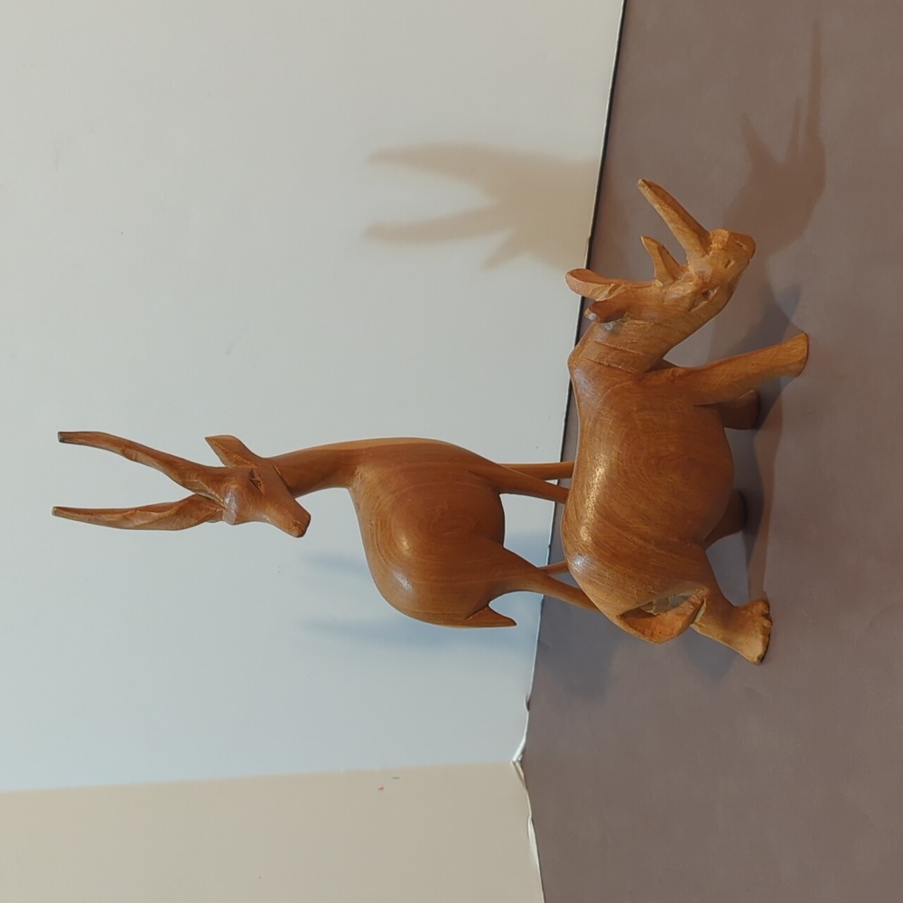 Hand carved wooden pair rhino antelope gazelle deer statue set of 2